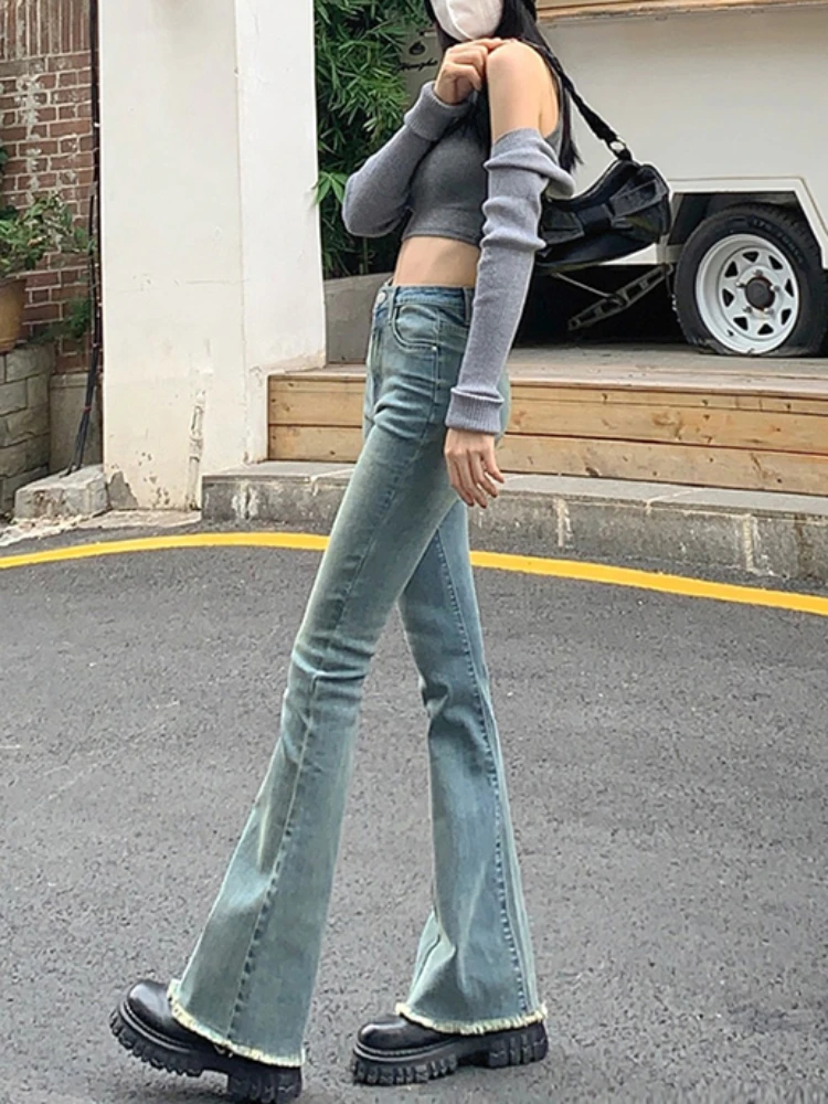 Retro Jeans Women Spring European Style Leisure Slim Simple Pure Streetwear Elegant Flare Trousers All-match Hotsweet High Waist