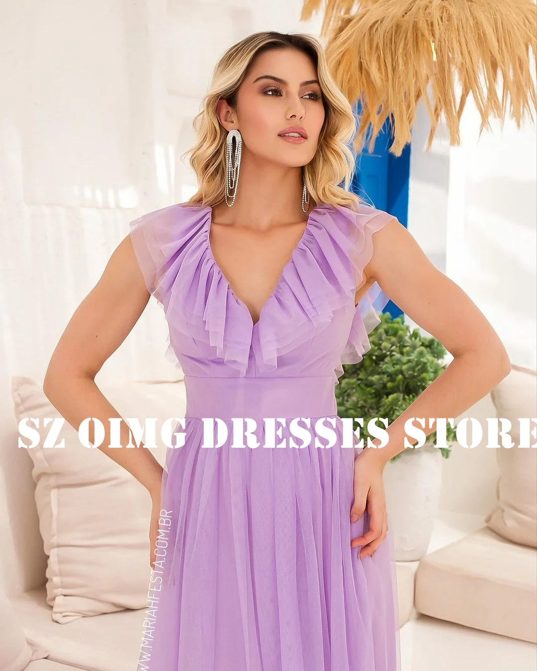 OIMG New Design V Neck Tulle Prom Dresses Arabic Women Ruched Ruffles High Split Purple Evening Gowns Formal Party Dress