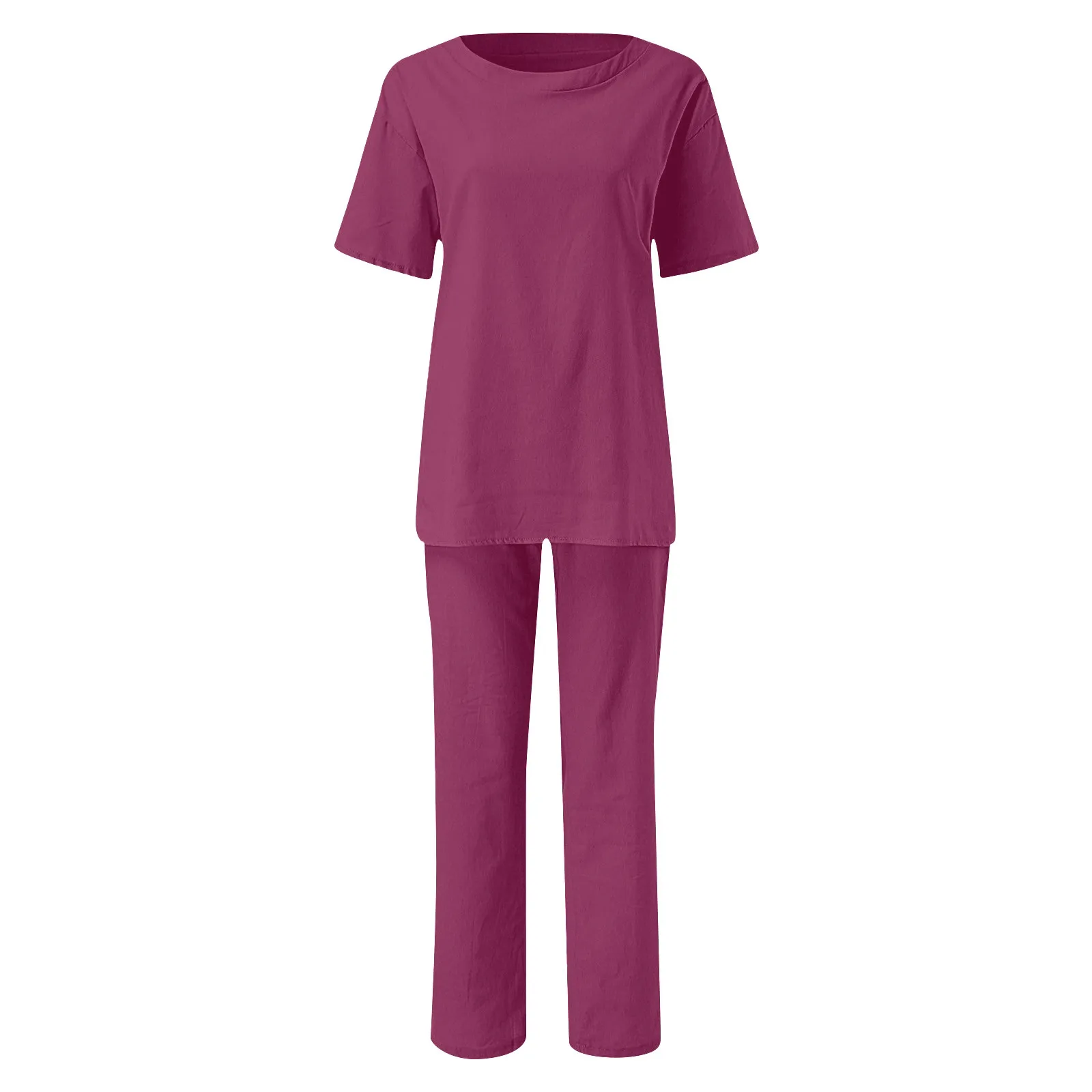 Set da 2 pezzi Casual estivo da donna di pantaloni larghi a gamba larga con collo a O a mezza manica vestito semplice estetico di colore solido