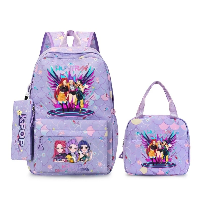 Mochilas KPop Demon Hunters, mochila escolar para estudiantes con capacidad para 3 piezas, para adolescentes, con bolsas para el almuerzo, mochila para mujeres, niños y niñas, para uso diario