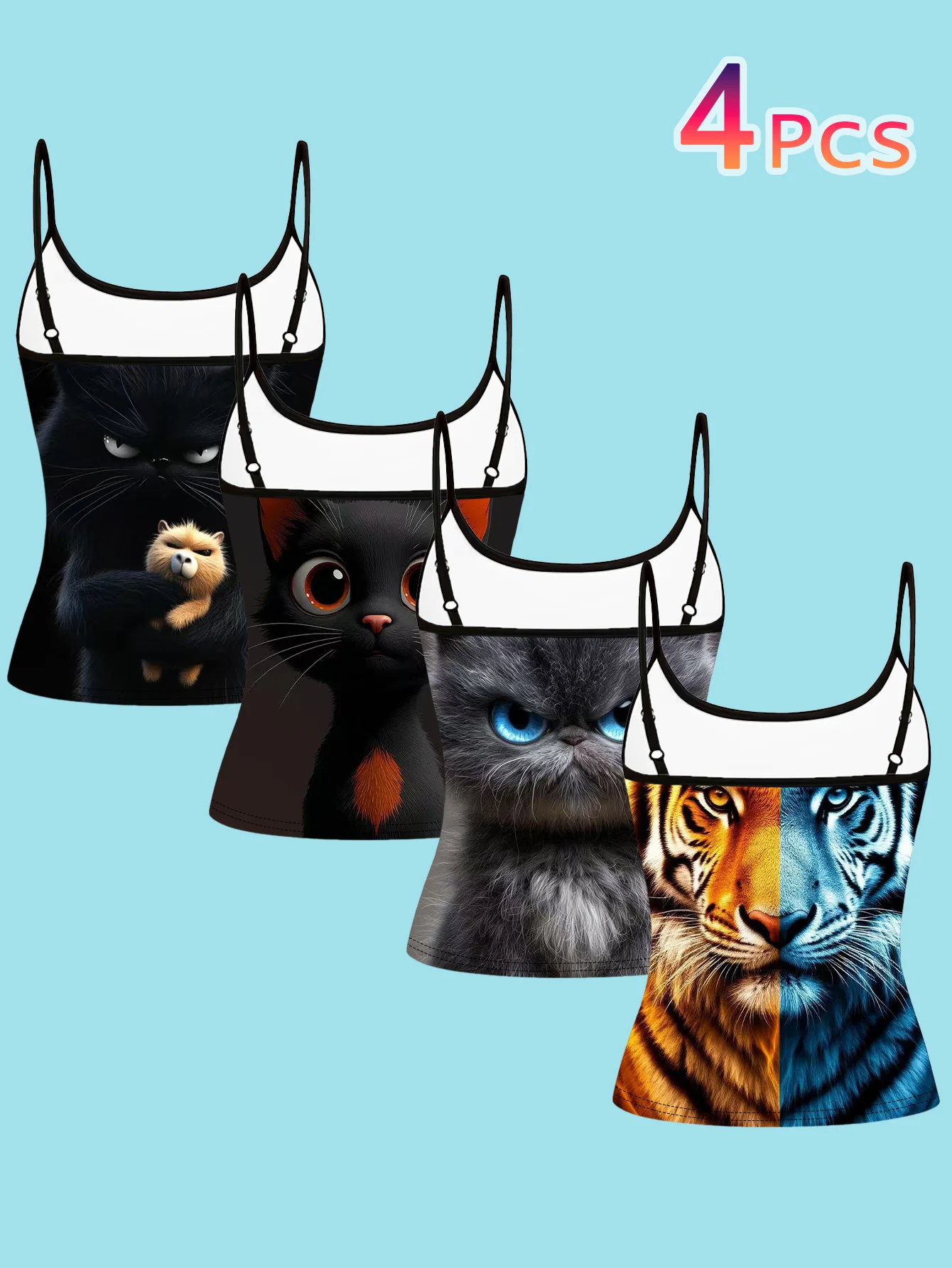 4-Piece Set of Women's Spaghetti Strap Camisoles with Cute and Realistic Cat and Tiger Animal Art Prints, Slim-Fit Sleeveless Tops