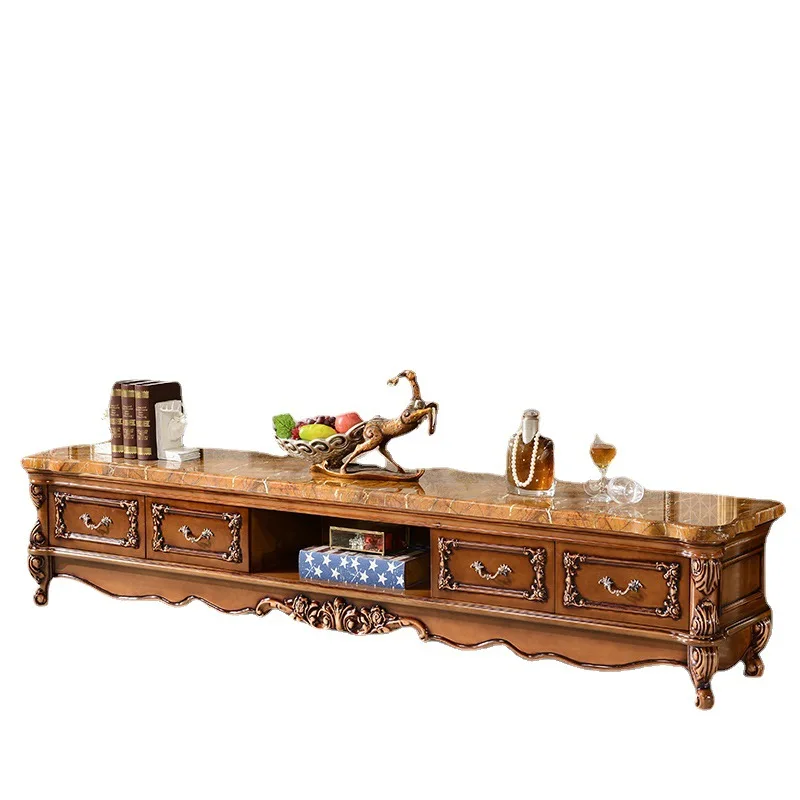 European solid wood TV cabinet, marble surface, audio-visual cabinet