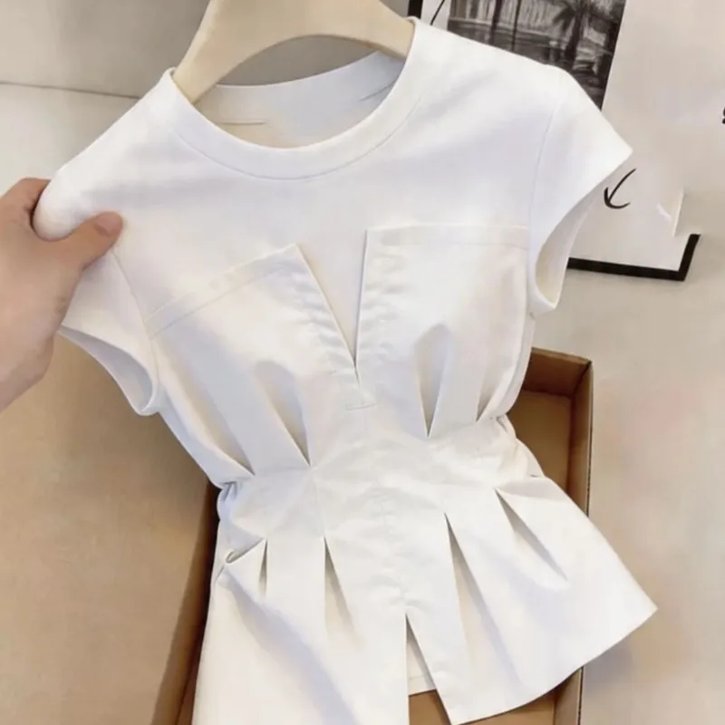 New Korean Splicing Short-sleeved T-shirt Summer Women's Two-piece Waist-covering Belly Shoulder Coat Female Blouse Tops