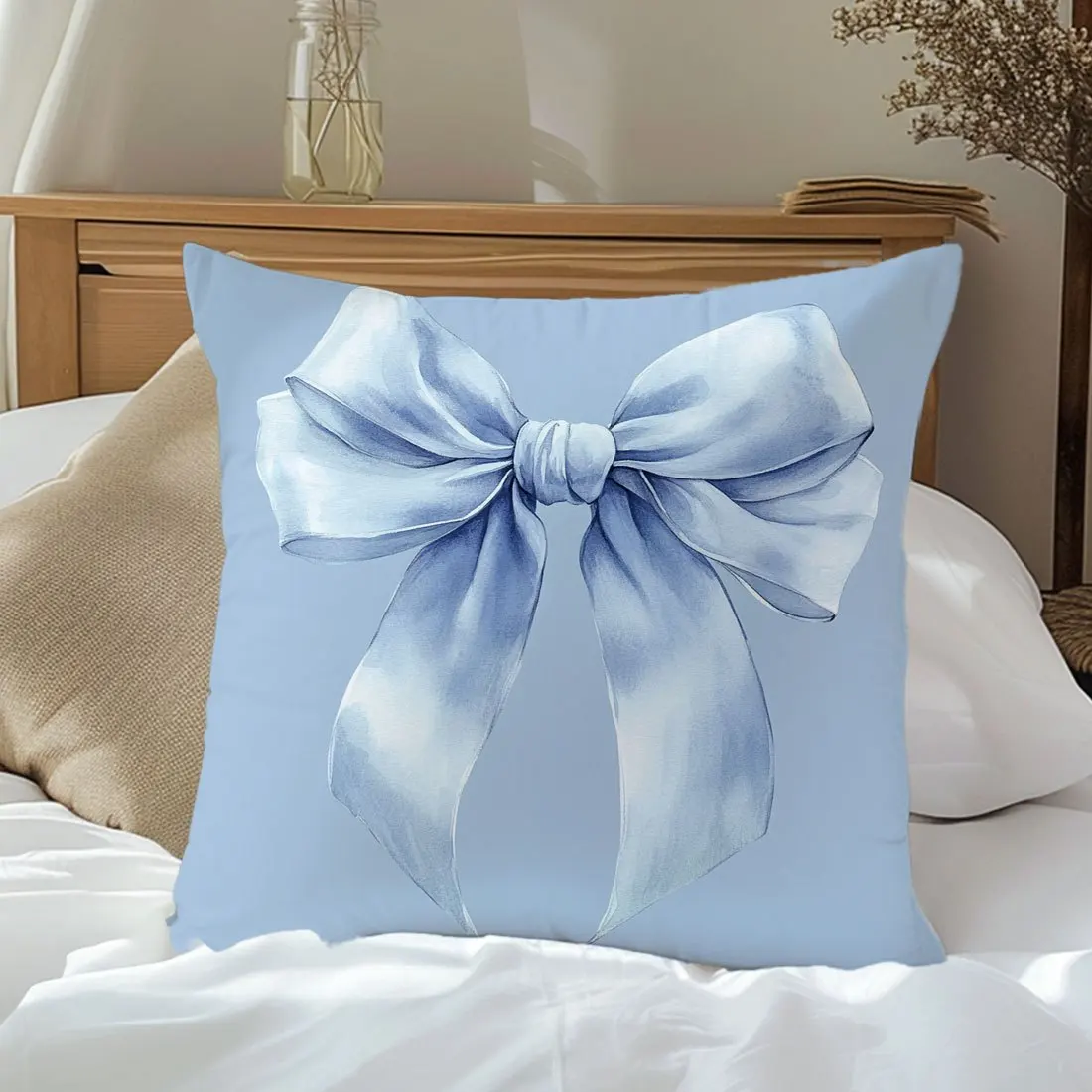 1pc Watercolor Blue Bow Print Throw Pillow Cover,Suitable for Sofa,Bedroom,Living Room,A Gentle Gift for Girls