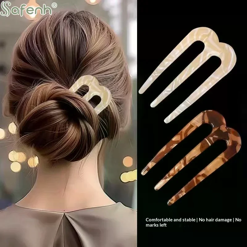 French Hair Pins For Women U Shaped Hair Forks Vintage Hairstyle Accessories Fashion 3 Prong Bun Hair Sticks Headwear