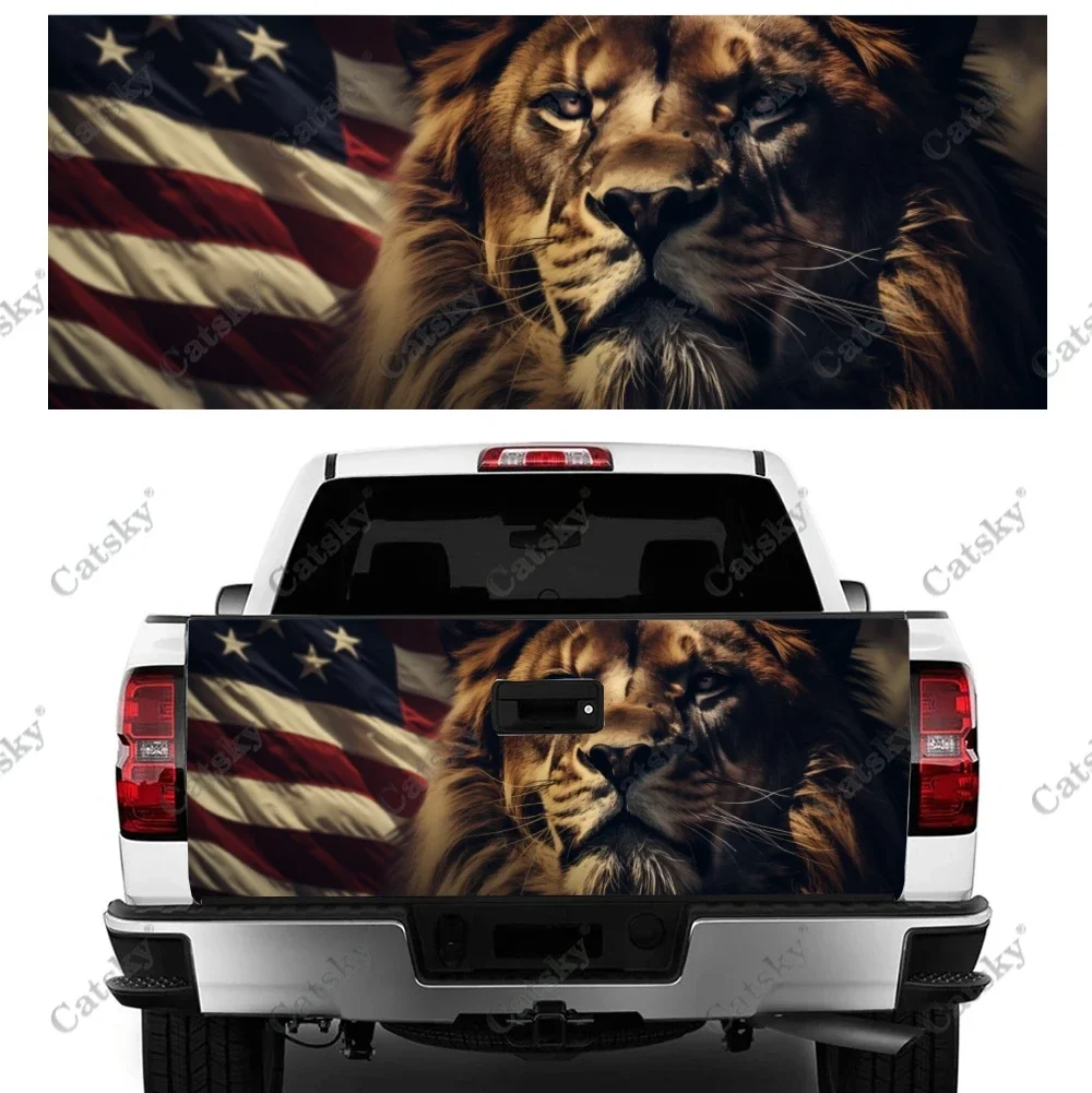 

Lion with American Flag Truck Tailgate Wrap Professional Grade Material Universal Fit for Full Size Trucks Weatherproof