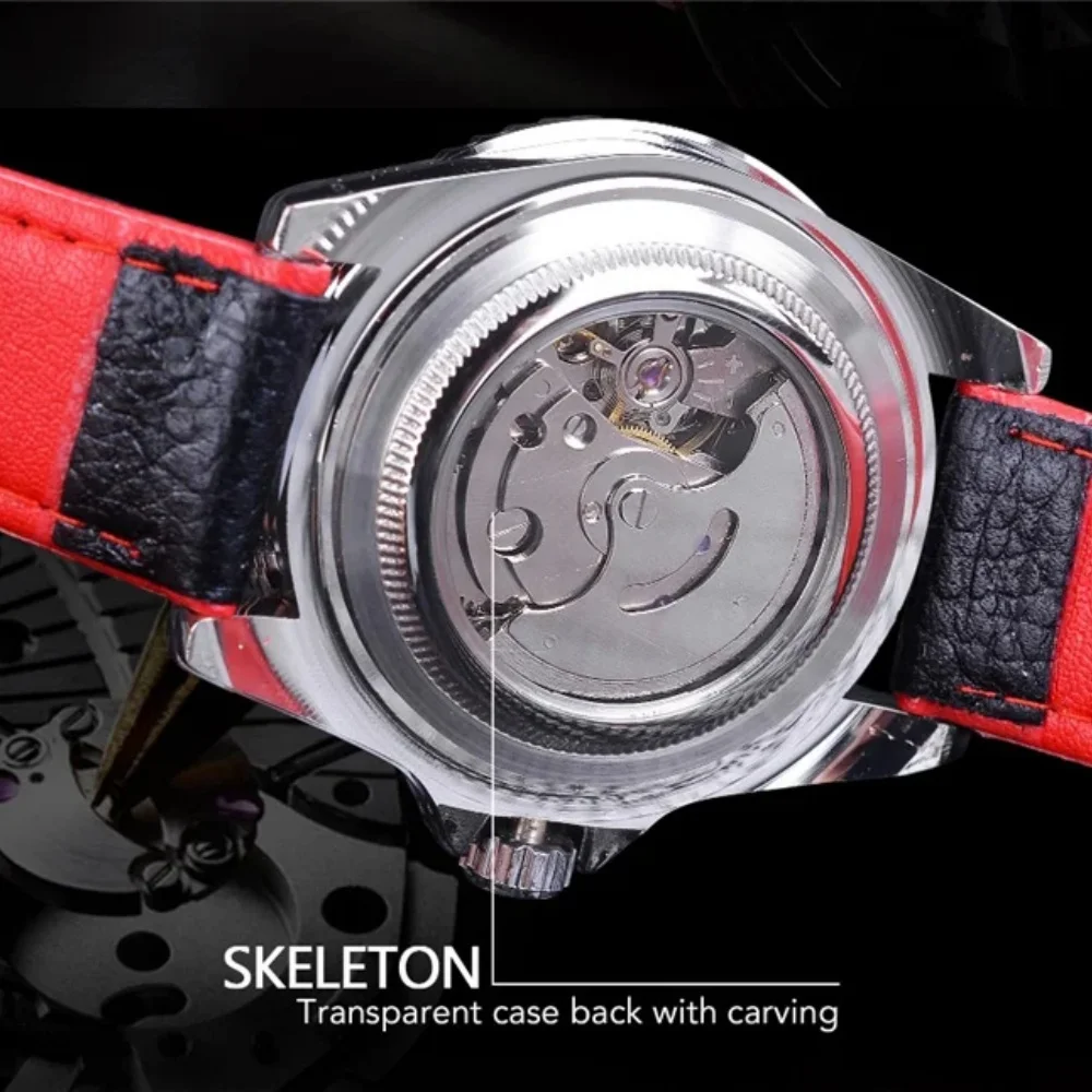 Luxurious Men's Automatic Mechanical Watch, Sports Wristwatch with Red and Black Bezel, Luminous Hands and Date Display, Durable Leather Strap, Skeleton-Style Waterproof Casual Men's Watch, Classic Business Wristwatch, Perfect Gift for Father, Husband, Boyfriend, High-Quality Men's Watch Suitable for Daily Use and Outdoor Activities