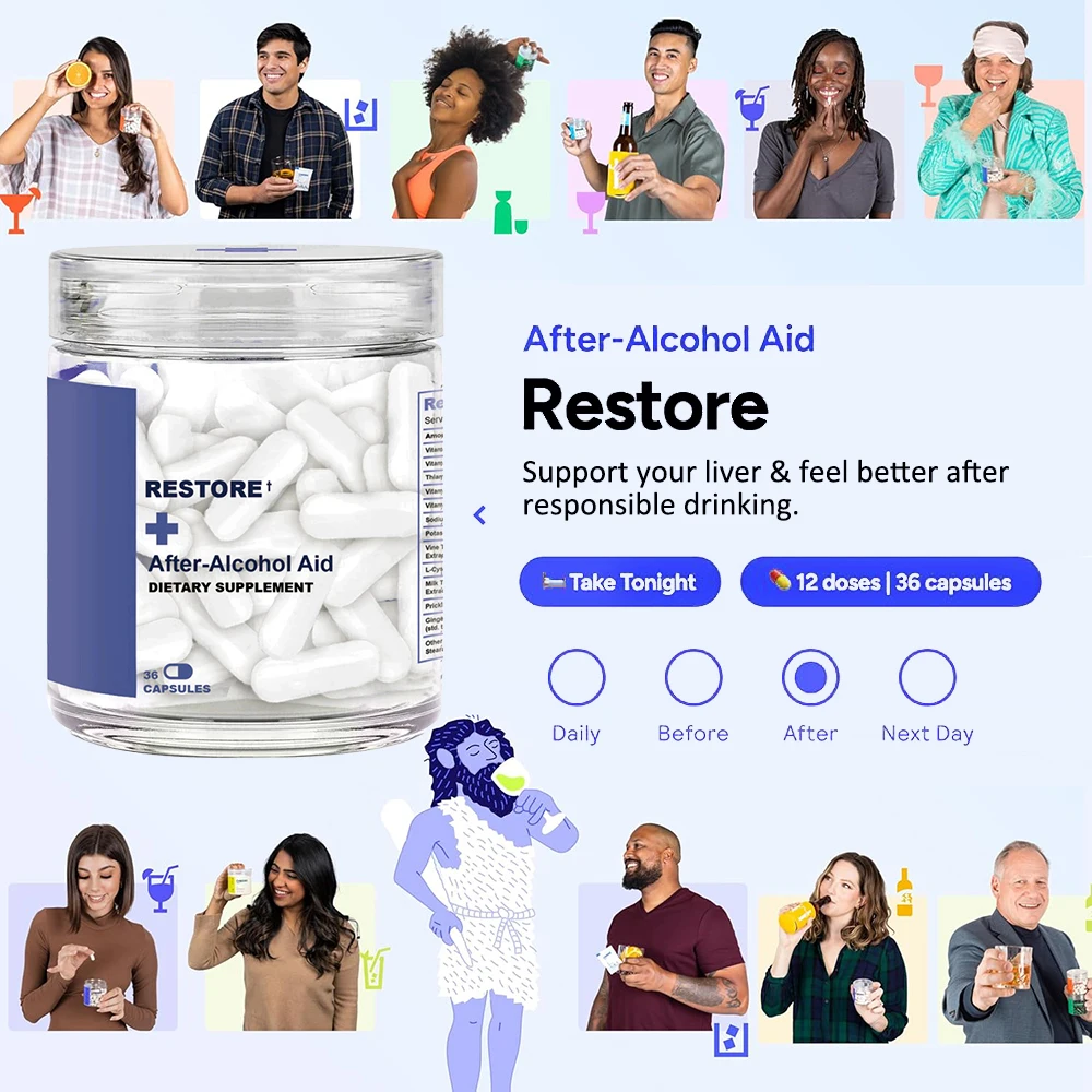 Restaura el suplemento de bebidas de ayuda para después del alcohol con DHM + cisteina de L: se siente mejor después de beber y apoya el hígado - 36 cápsulas