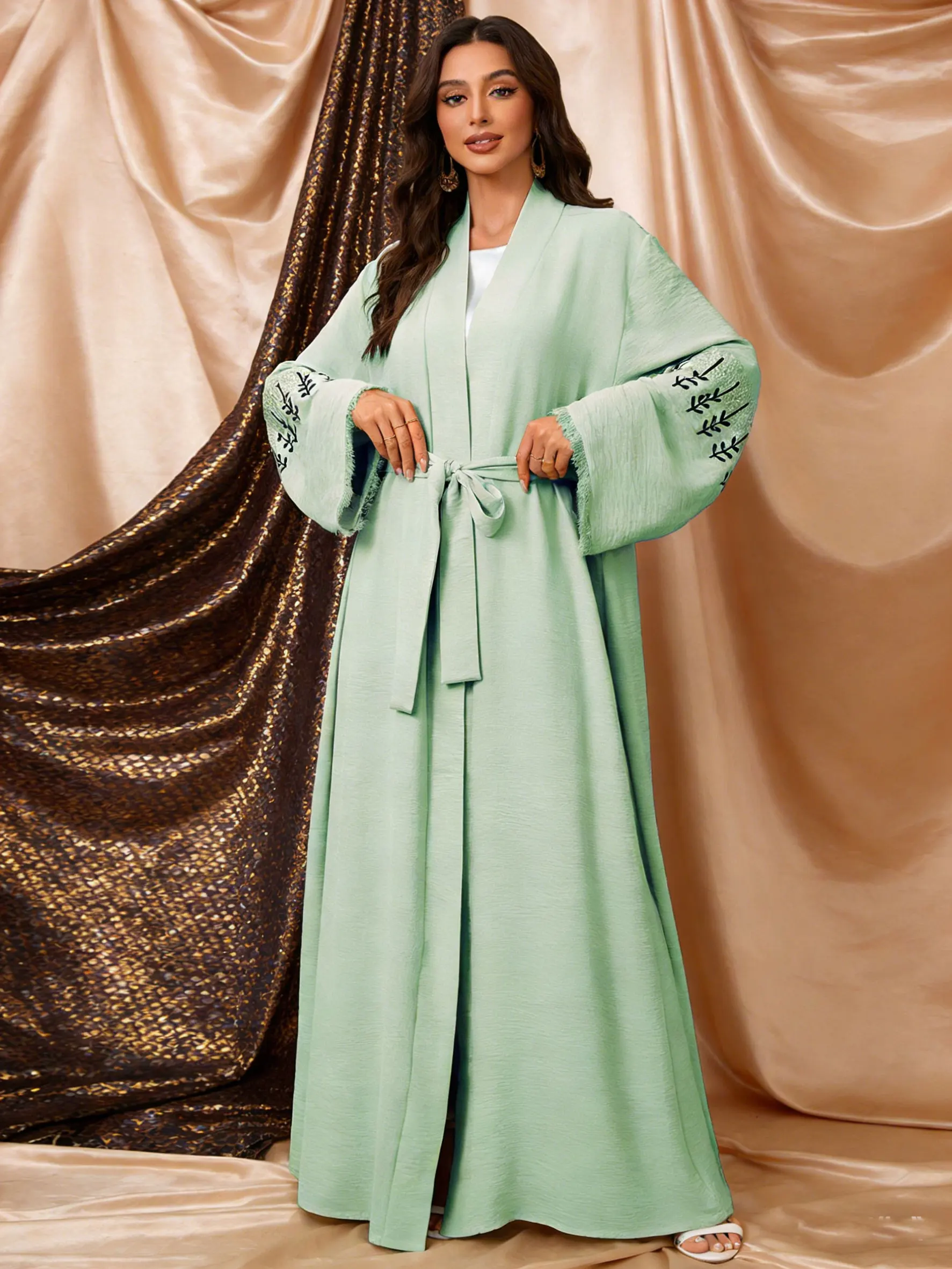 

Новинка весенней коллекции: Длинное платье-абайя 2026 с уникальными вышитыми рукавами, исламское кимоно-кафтан, мусульманское женское платье-абайя с поясом