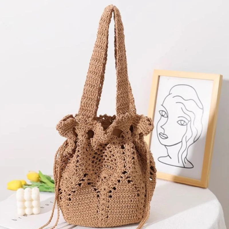 Beige Khaki Cottage Core Hollow Out Crochet Flower Bucket Bag Cotton Woven Drawstring Shoulder Handbag Summer Beach for Girls