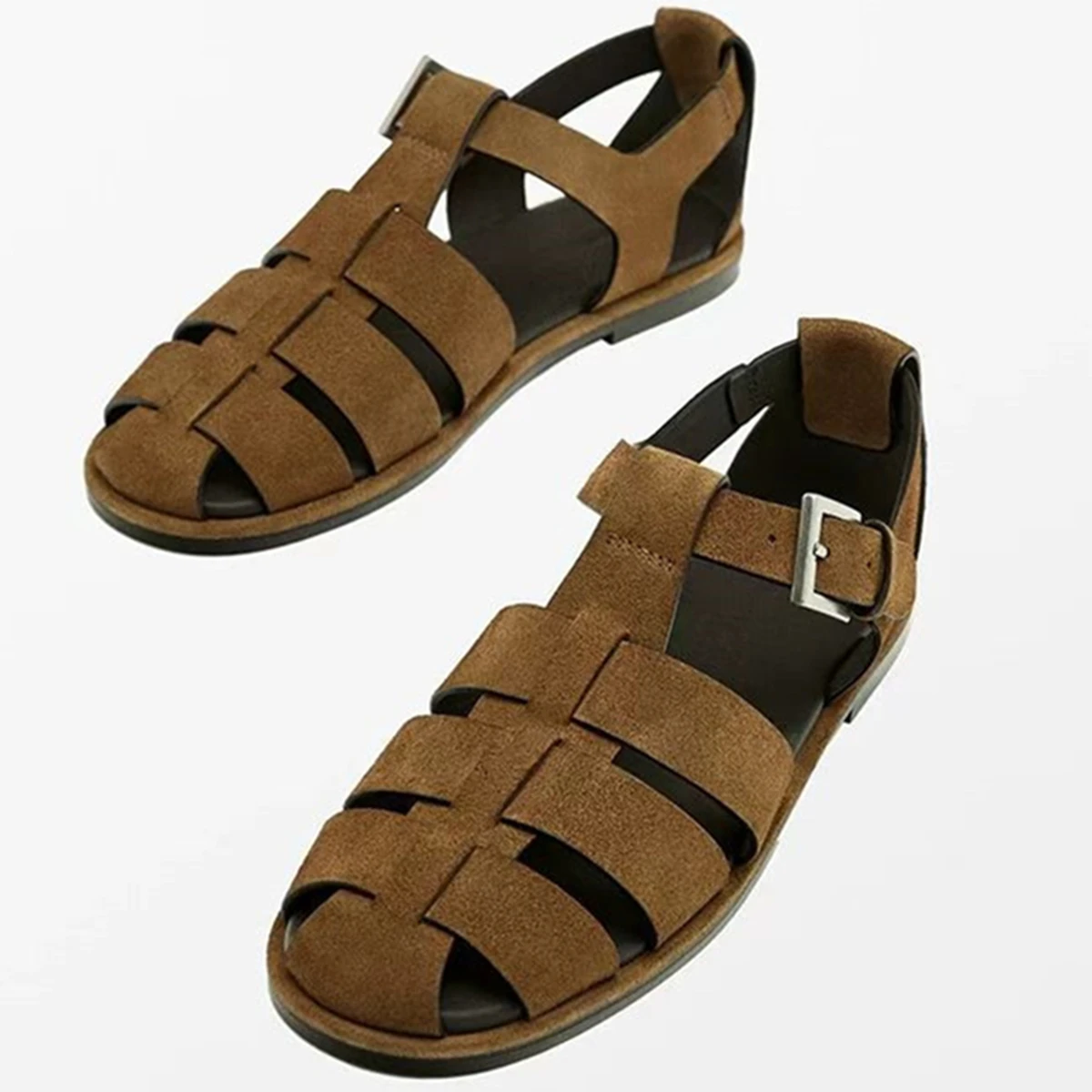 

Jenny&Dave 2026 British Fashion Chelsea Sandals Flat Shoes Round Toes Minimalist Roman Handmade Hollow Leather Sandals For Women