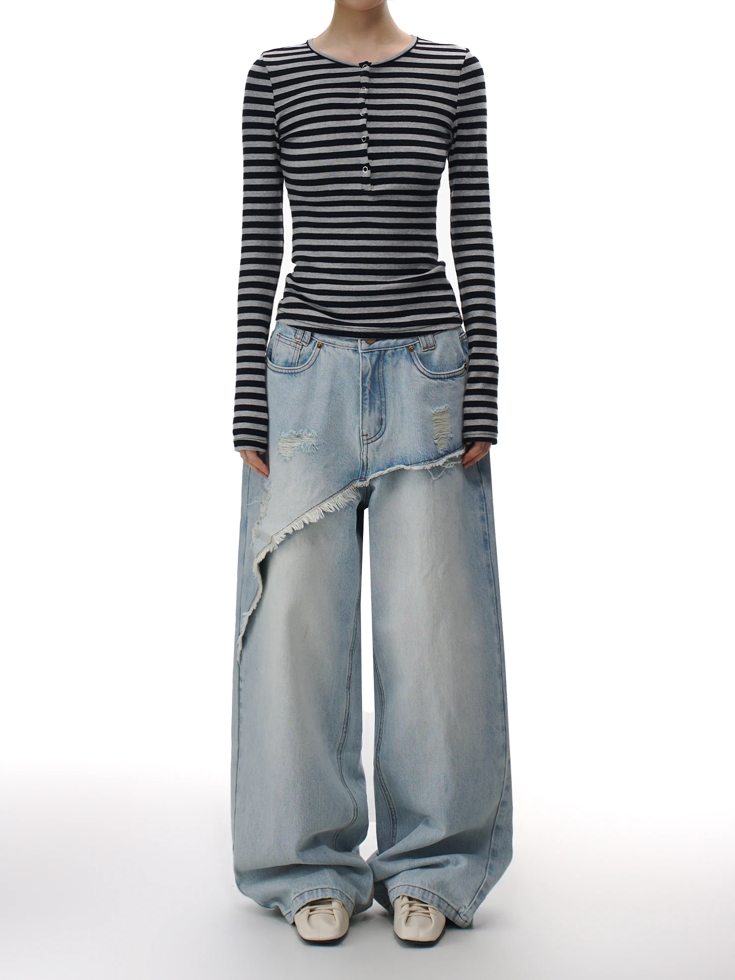 

Американские джинсы с асимметричным дизайном и широкими штанинами, женские, весенняя новинка, имитация двухслойности, с дырками, повседневные, удобные, из хлопка