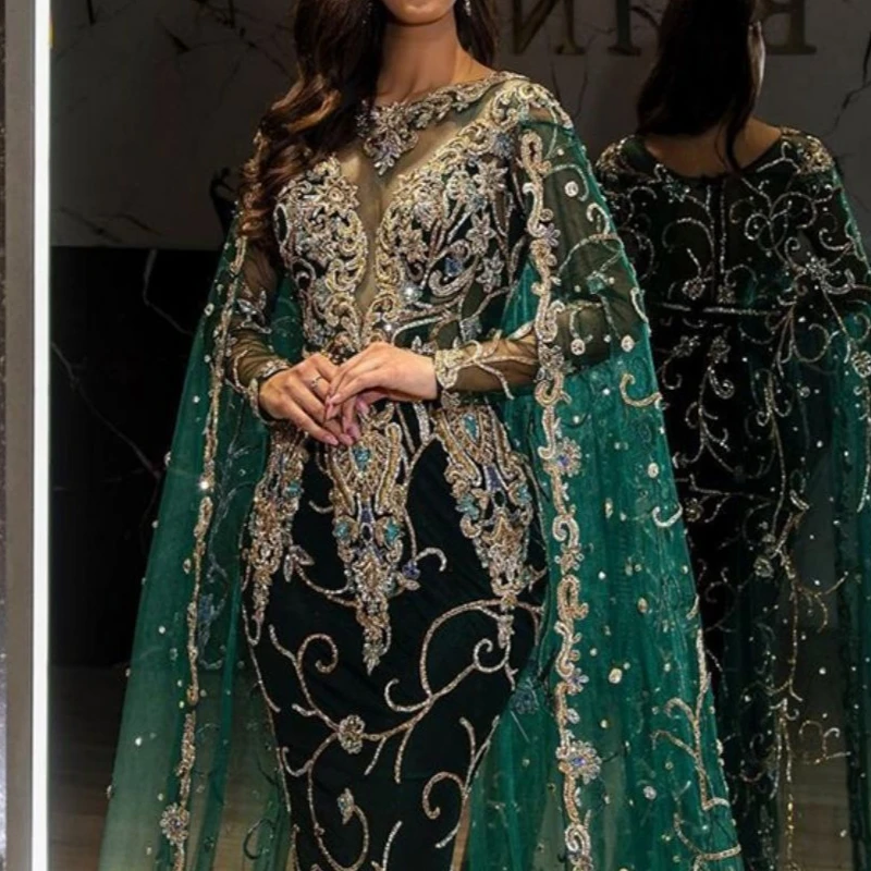 Elegant Women's Jacquard Embroidery Shawl Long Sleeved Maxi Dress Sexy Perspective Slim Prom Evening Party Maxi Dresses Ladies