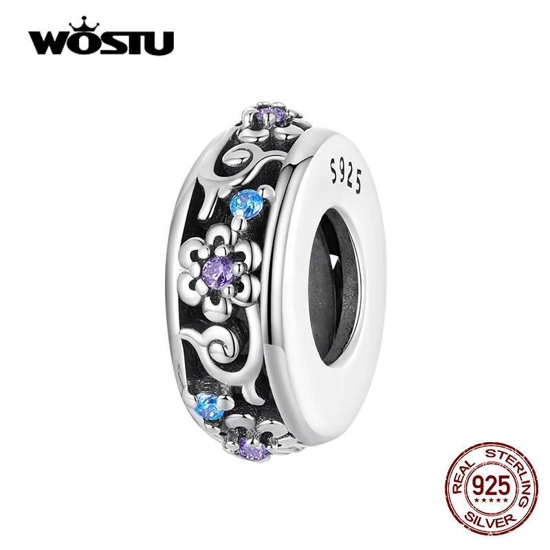 WOSTU 100% 925 Sterling Silver Exquisite Pattern Silicone Spacer Charm Beads for Women Fit Original DIY Bracelet Bangle Jewelry