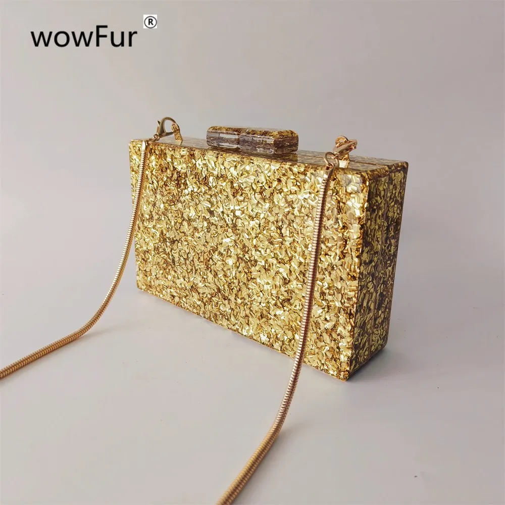 New Big Gold Glitter Shinny  Acrylic Box Clutches Women Shoulder Tote Wedding Party Lady Female Mini Flap Handbag And Purse Bag