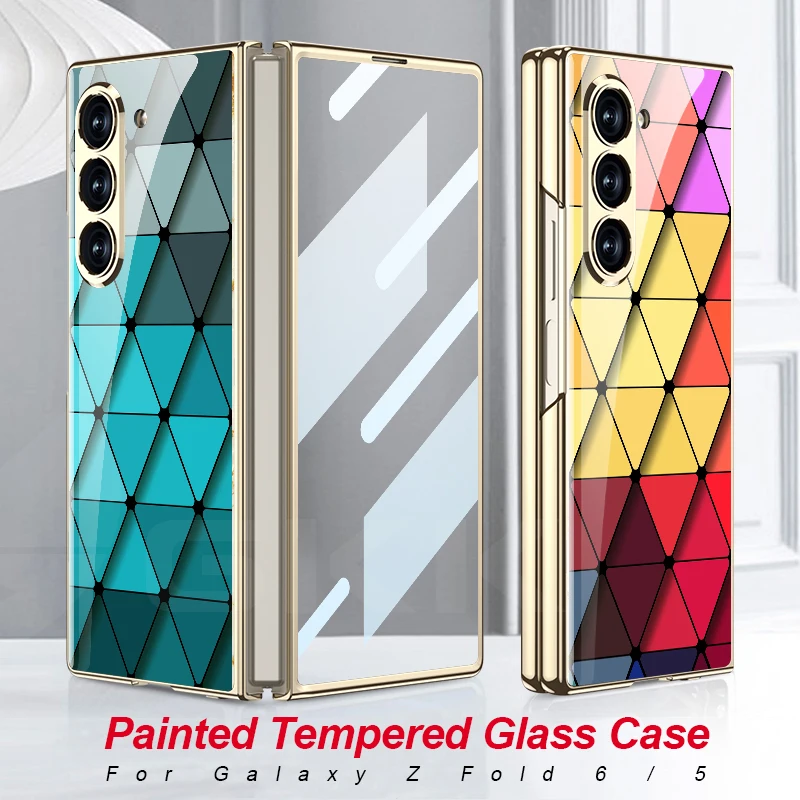 Luxury Plating Screen Glass Case For Samsung Galaxy Z Fold 6 5 Case Back Painted Pattern Glass Plastic Cover For Galaxy Z Fold 6