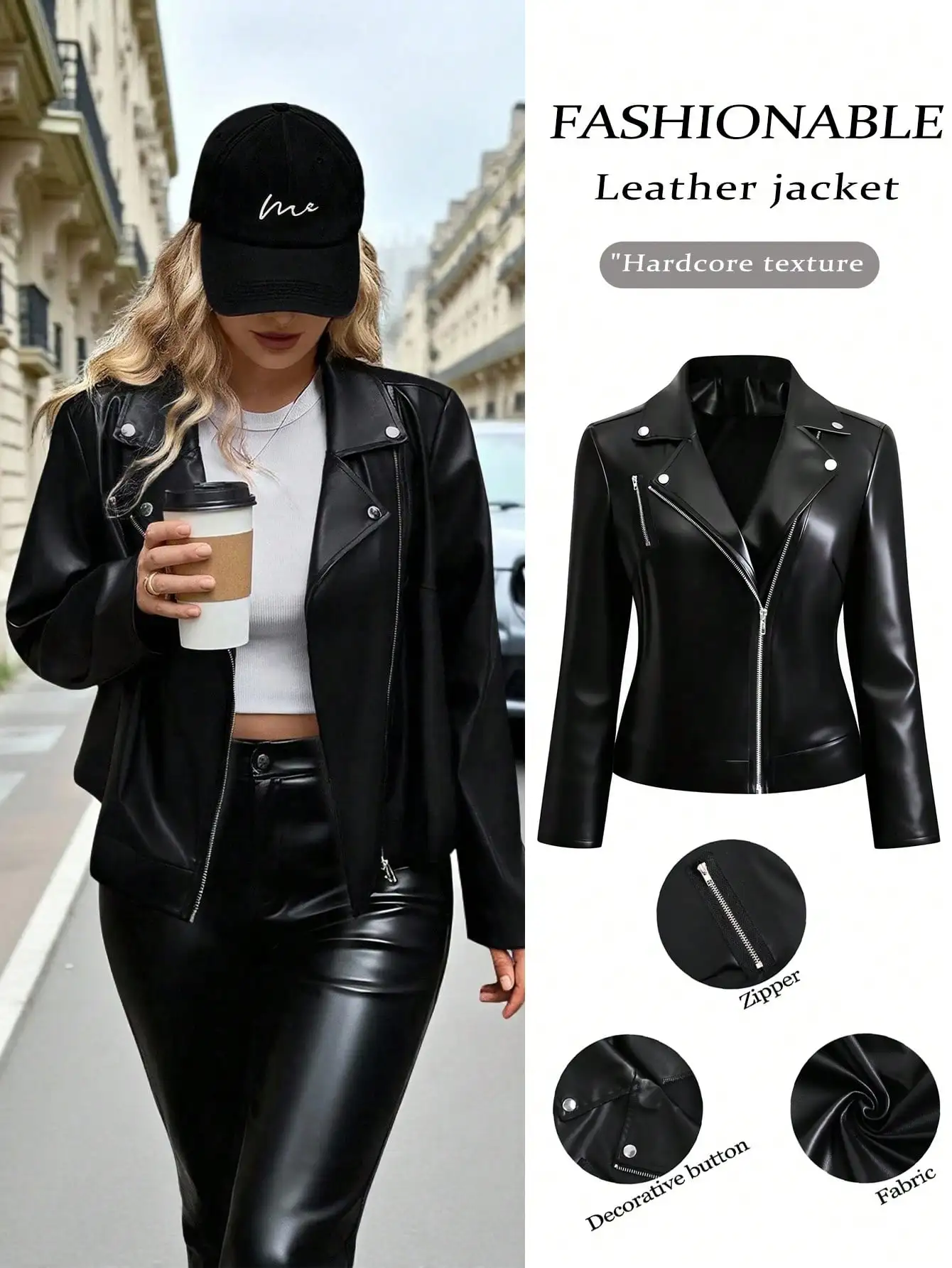 

Женская черная куртка-косуха из искусственной кожи на молнии и кнопках, повседневный уличный стиль