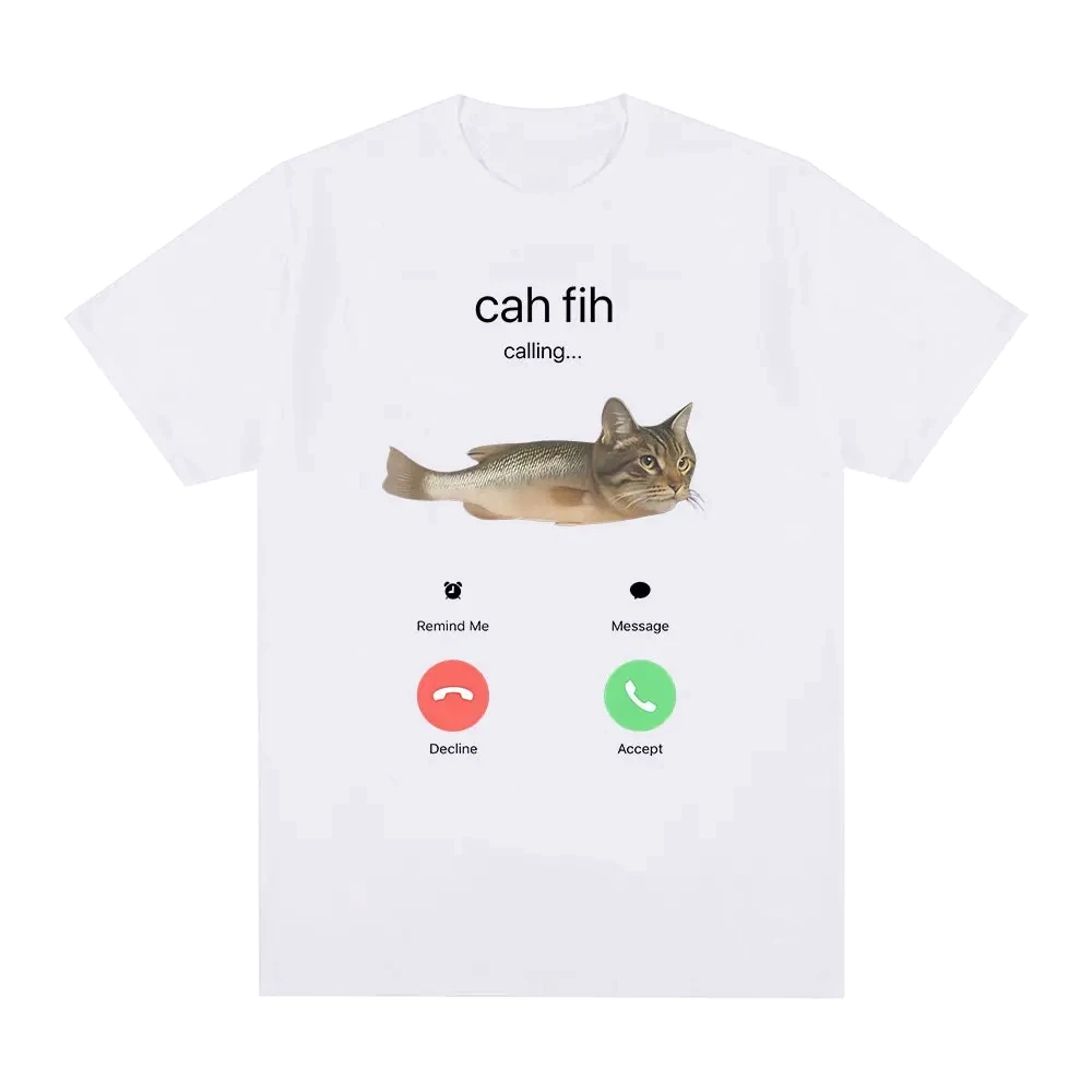 Cah Fih Meme T-Shirt Funny Calling Cat Fish Hybrid Meme Tee Absurd Humor Internet Culture Gift Viral Short Sleeves Woman Clothes