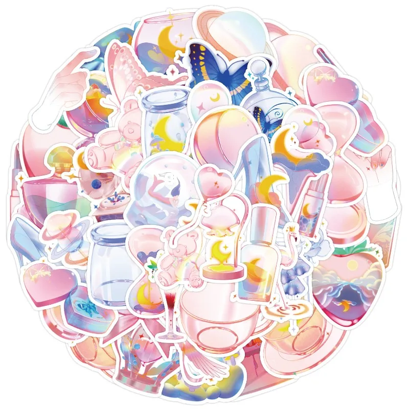 50Pcs Dreamy Graffiti Stickers Gradient Pink Color Cartoon Decals for Backpack Pen Holder Laptop Creative Stationery Sticker