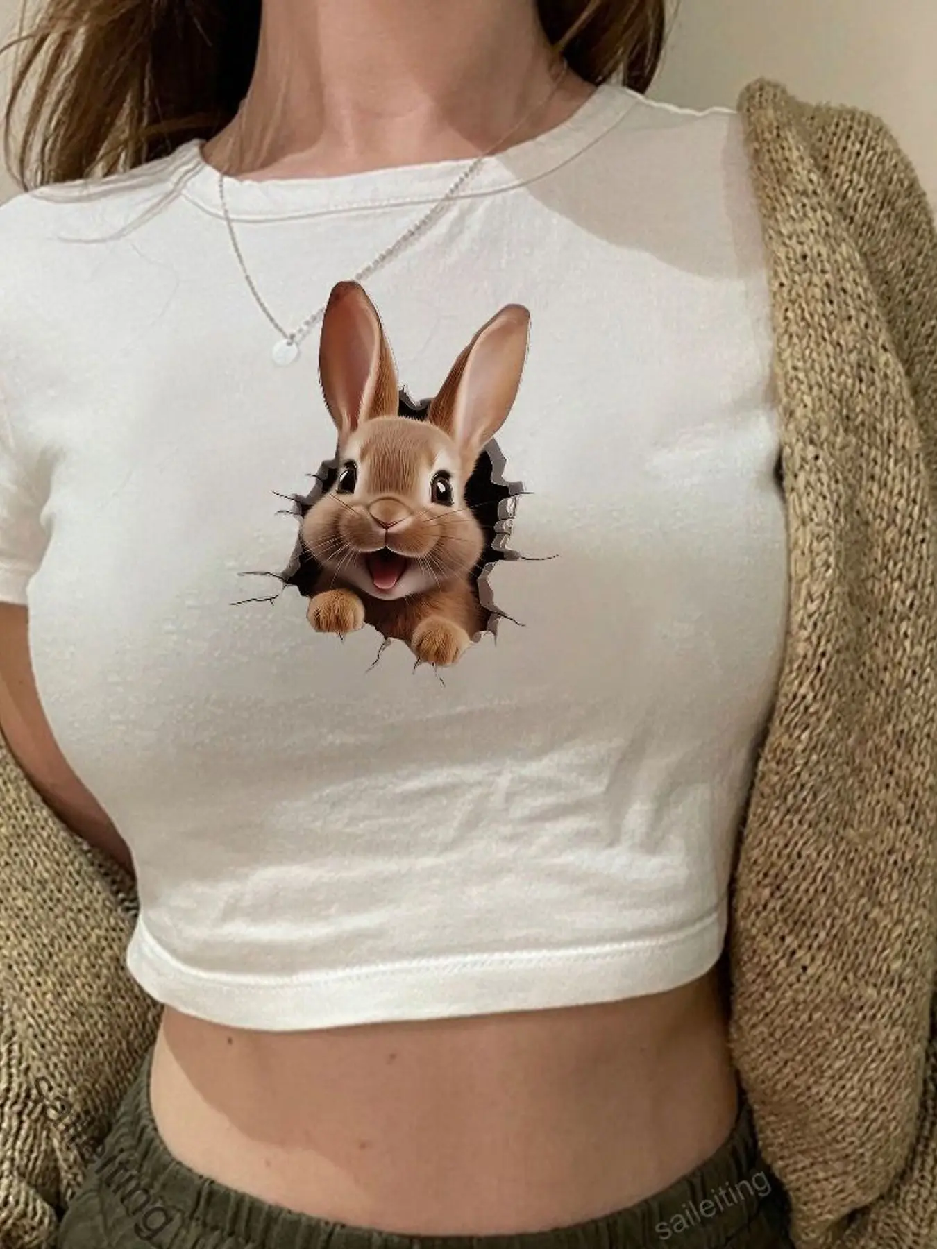 3D Rabbit Head Print Crop Top - Cute Brown Bunny Tearing Fabric Design, Short Sleeve Summer Casual Tee, Trendy Streetwear for