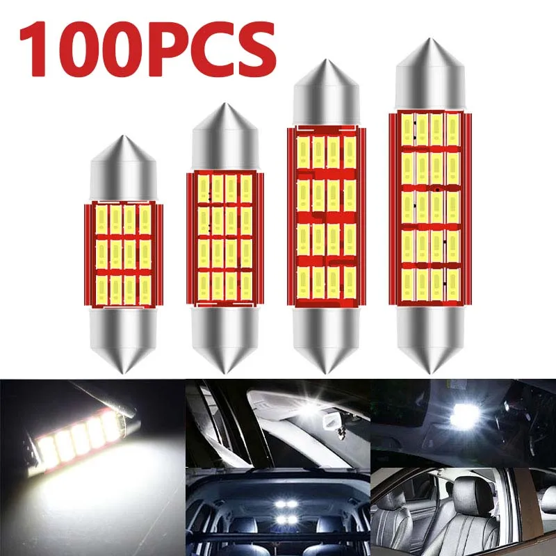 100Pcs C5W LED Bulbs Festoon 31mm 36mm 39mm 41mm C10W Super Bright Auto License Plate Light Car Interior Reading Dome Lamp White