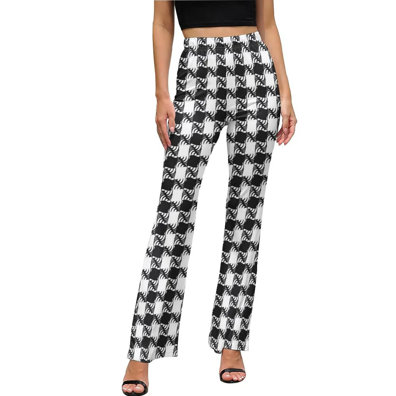 Abstract Houndstooth Casual Pants Female Black White Plaid Slim Korean Fashion Flared Pants Hot Summer Night Club Print Trousers