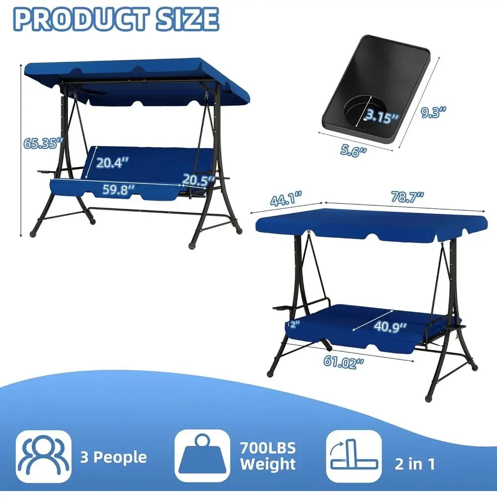 3-Seat Blue Outdoor Swing with Stand, Patio Glider, and Side Tables for Garden Relaxation
