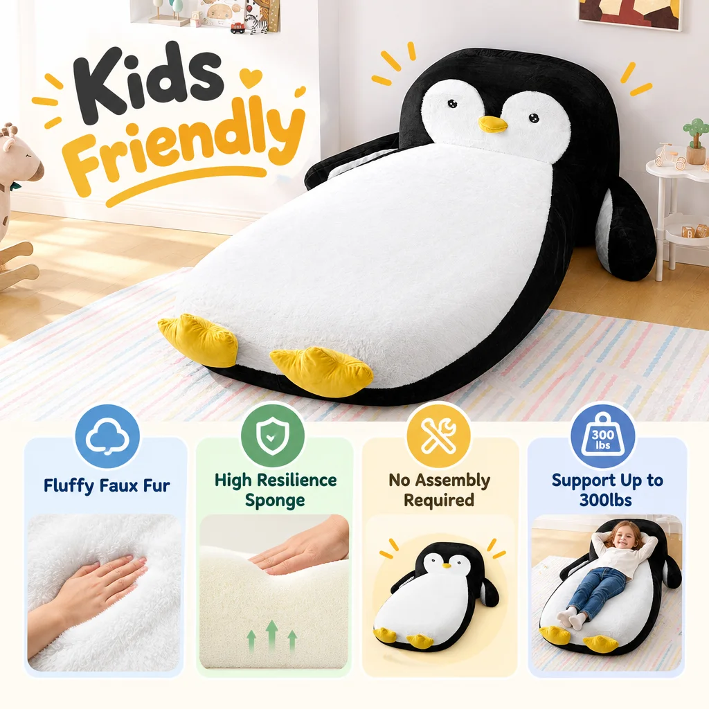 Single Size Lazy Recliner Penguin Shape Fluffy Faux Fur 100 Percent High Resilience Sponge filling No Assembly Required Maximum Weight Capacity 300 Pounds Cute Three Dimensional Penguin Sofa Bed for Children's Bedroom Game Room