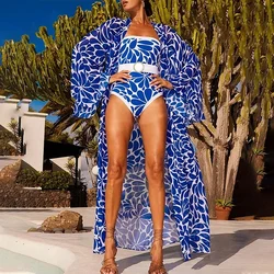 Strapless Sexy One Piece Bikini Fashion Designer Printed Swimsuit Summer Thin Sunscreen Long Sleeves Cover-up and Long Skirt