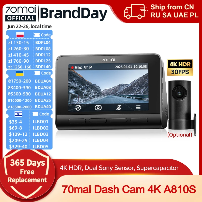 70mai Dash Cam 4K A810S HDR IMX678 Supercapacitor 4G LT...