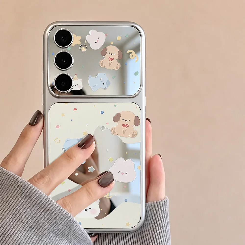 Cute Animals Mirror Phone Case For Samsung A57 A37 A56 5G A55 A54 A53 A36 A26 A17 A16 S26 Ultra S25 S24 S23 With Lanyard Cover