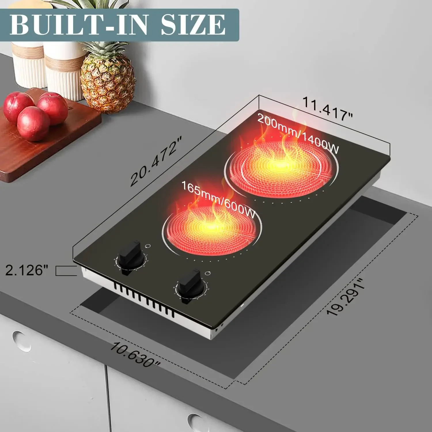 hob 2 Burner Electric Cooktop, 110v Electric Burner Stove Top 12 inch Knob Control Countertop & Built-in Radiant Electric Stove