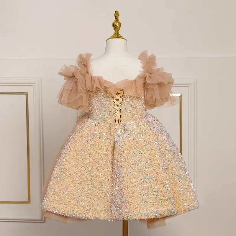 Abiti da principessa con paillettes dorate con spalle scoperte Abito da ballo per bambini in tulle chic con spalle scoperte Abito da ballo in costume da spettacolo per ragazze2