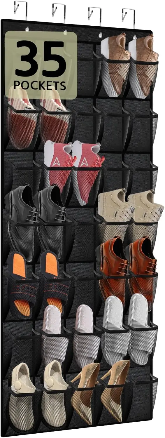 Organizador de Zapatos para Puerta con 35 Bolsillos, Almacenamiento de Malla Transpirable Grande para Zapatillas y Zapatos de Niños, Bolsa Colgante (Negro)