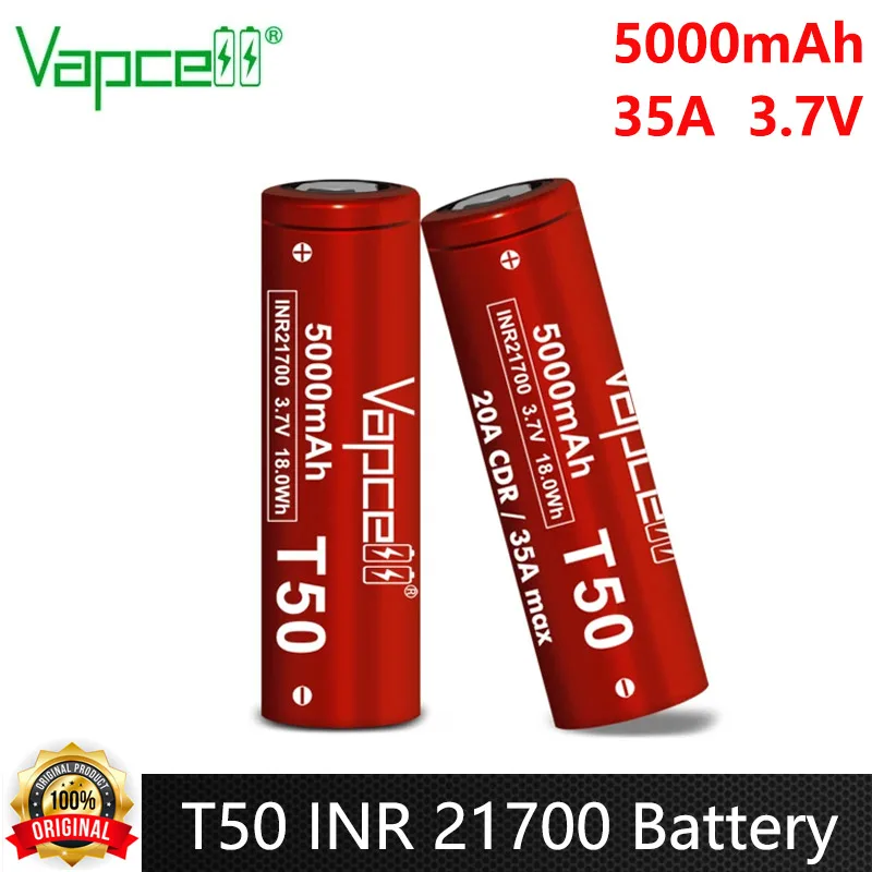 Original Vapcell T50 INR 21700 Battery 5000mah CDR 20A Max 35A 3.7V High-power Rechargeable Li ion Battery For VapeMod Toys UAV