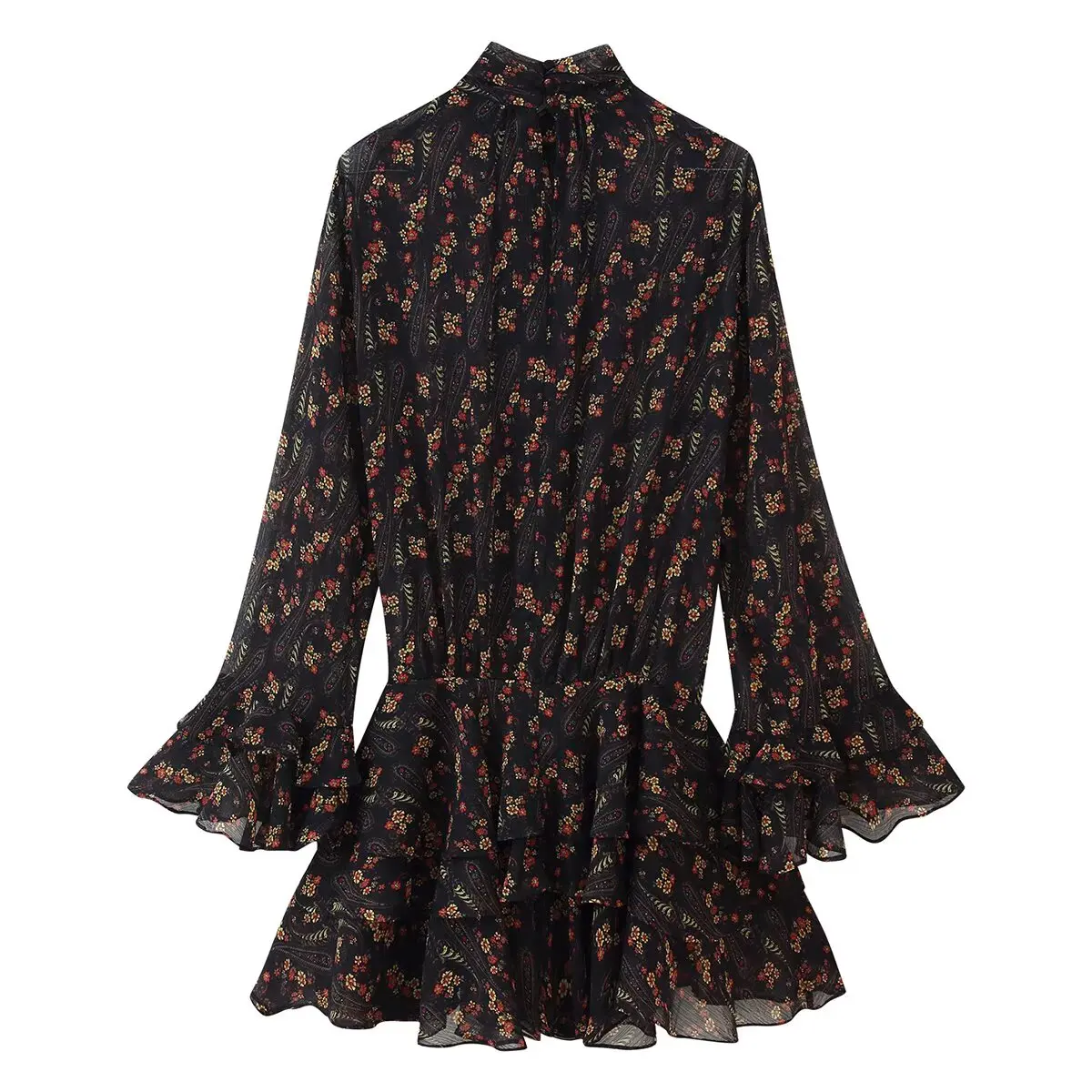 Women Black Floral Print Flare Long Sleeve Chiffon Dress Stand Collar Slit Backless Ruffles Hem Mini Shirt Dresses Robe