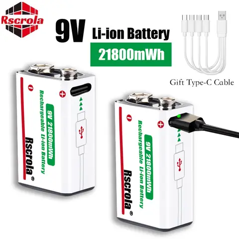 Batterie Lithium-ion Rechargeable longue durée 9V, 21800mWh, haute capacité pour guitare, Microphone, détecteur de fumée, pédale avec câble