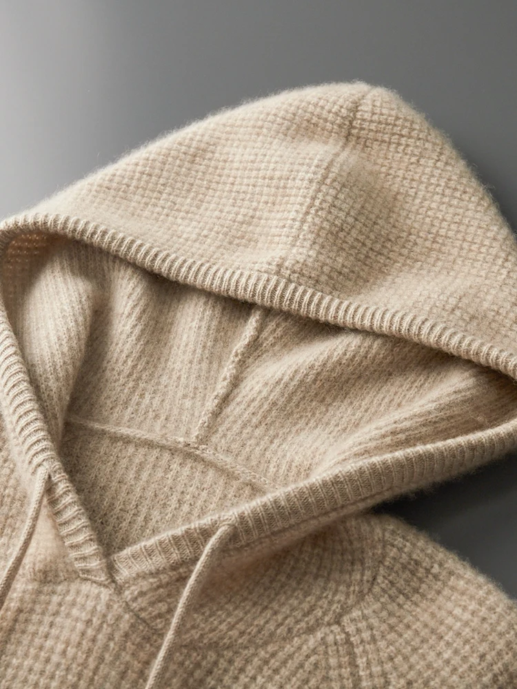 TLOML Men's 100% Cashmere Sweater Thick Waffle Hoodie Pullover Autumn Winter Casual Style Soft Warm Cashmere Knitwear Comfy Tops