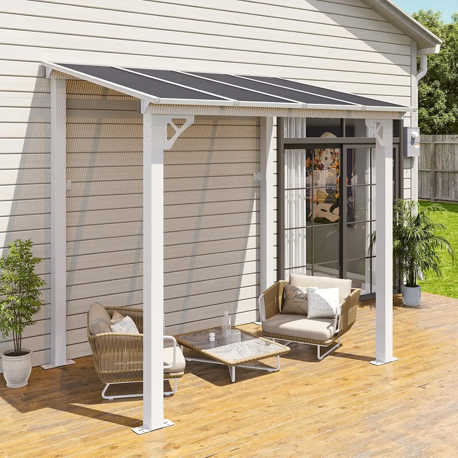 8'x5' Aluminum Polycarbonate Gazebo Sloped Roof Wall-Mounted Pergola Awning Patio Backyard Porch Deck White, Customized