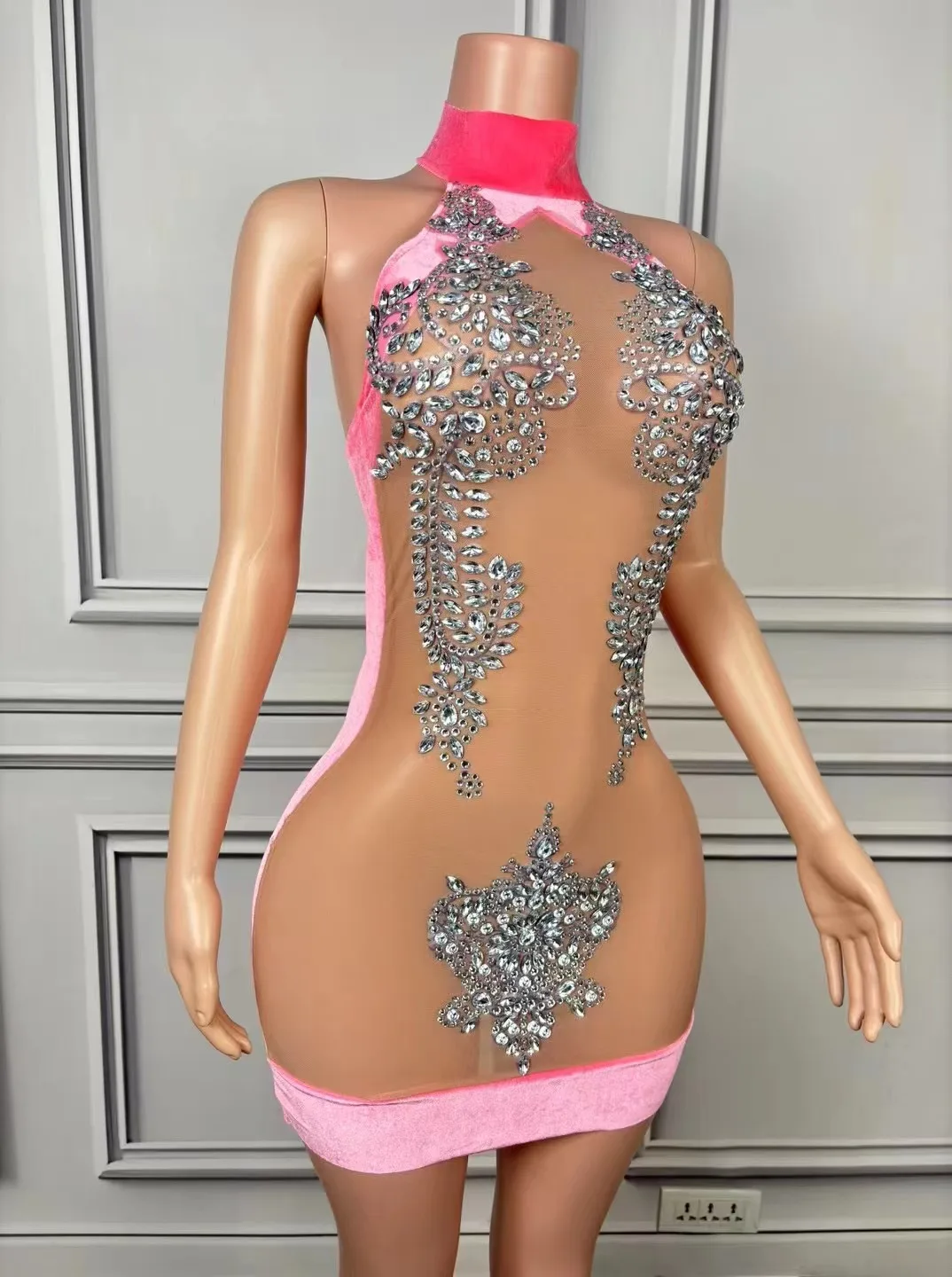 Pink Velvet Sexy Mesh Translucent Halter Neck Rhinestone Skirt Stage Dress Performance Clothing