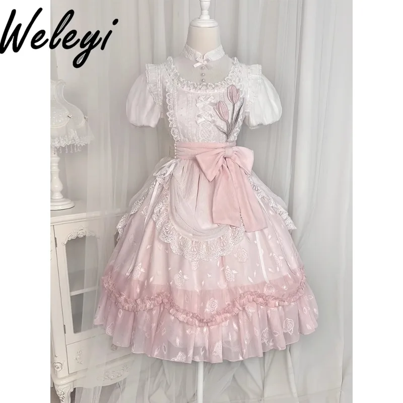 

Lolita Elegant Sukienki bow Women's dress 2024 Summer New Sweet Op Dress Fairy Lace Princess Short Sleeve A Line Midi Dresses