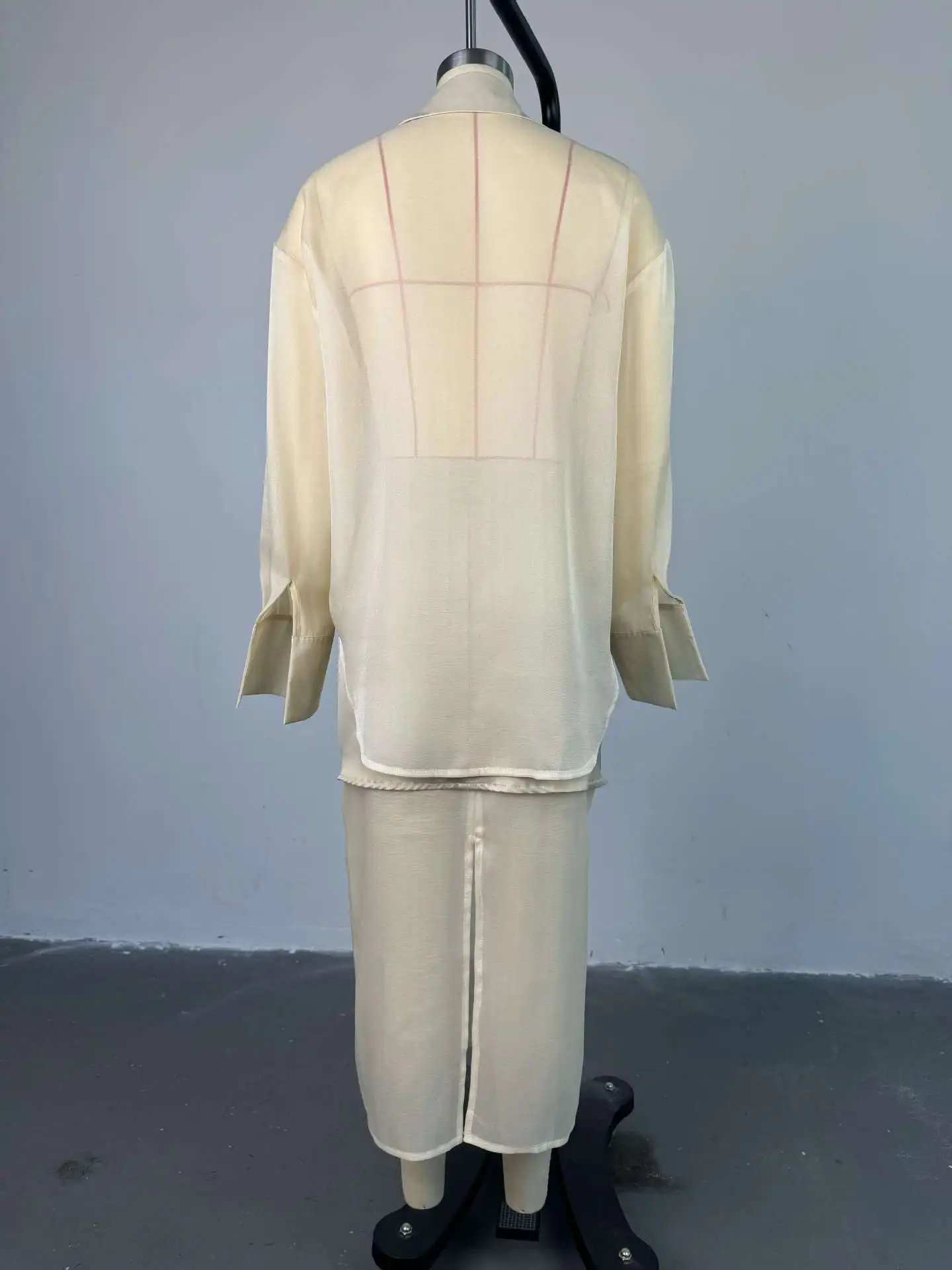 Women's Clothing Suit 2025 Spring Autumn New Mercerized Mesh Lapel Long-sleeved Shirt + High Waist Splicing Skirt Two-piece Set