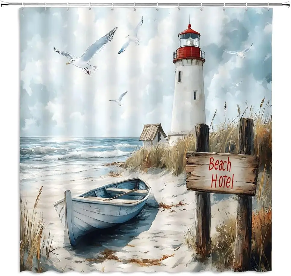 Nautical Coastal Shower Curtain Ocean Beach Lighthouse Vintage Sailboat Seagull Seaside Wild Grass Summer Watercolor Bathroom