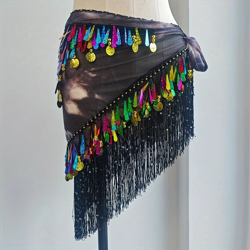 1 SZT. Cekinowa Frędzla Łańcuszek do Tańca Latynoamerykańskiego Pas Biodrowy na Imprezę Występ Dekoracja - Poliestrowy Trójkątny Łańcuszek na Pas z Monetami i Frędzlami