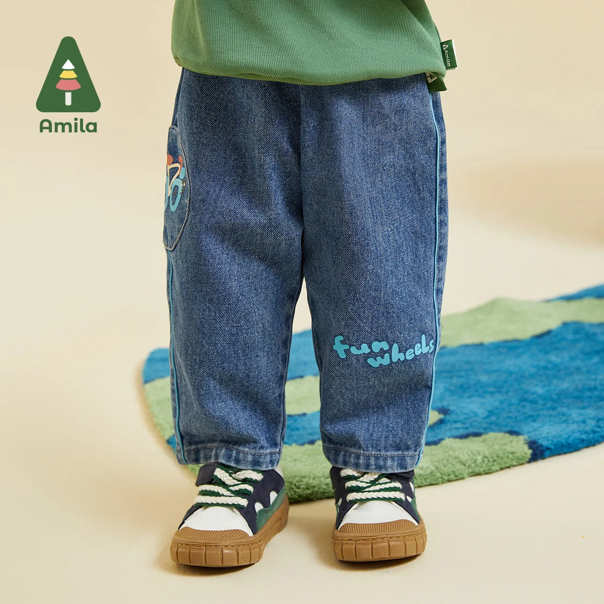 Amila Baby Pants 2023 New Autumn Casual ChildrenTwill Denim Contrasting Colors Printing Loose Boys  Kids Clothes Fashion