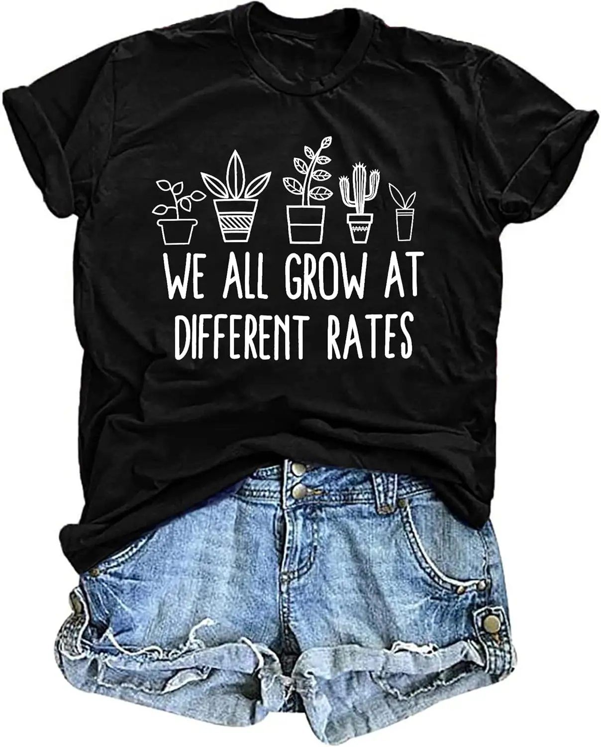 VVNTY Teacher Shirt Women: We All Grow at Different Rates Plant T-Shirt Funny Teaching Inspirational Graphic Tees Tops