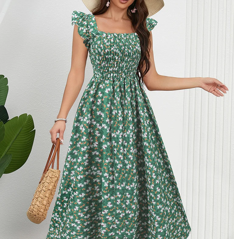 ภาษาฝรั่งเศสคําMidiชุดผู้หญิง 2025 ฤดูร้อนใหม่ชุดดอกไม้เซ็กซี่U-คอCamisoleชุดเอวสูงA-Lineสบายๆผู้หญิงชุดวันหยุด