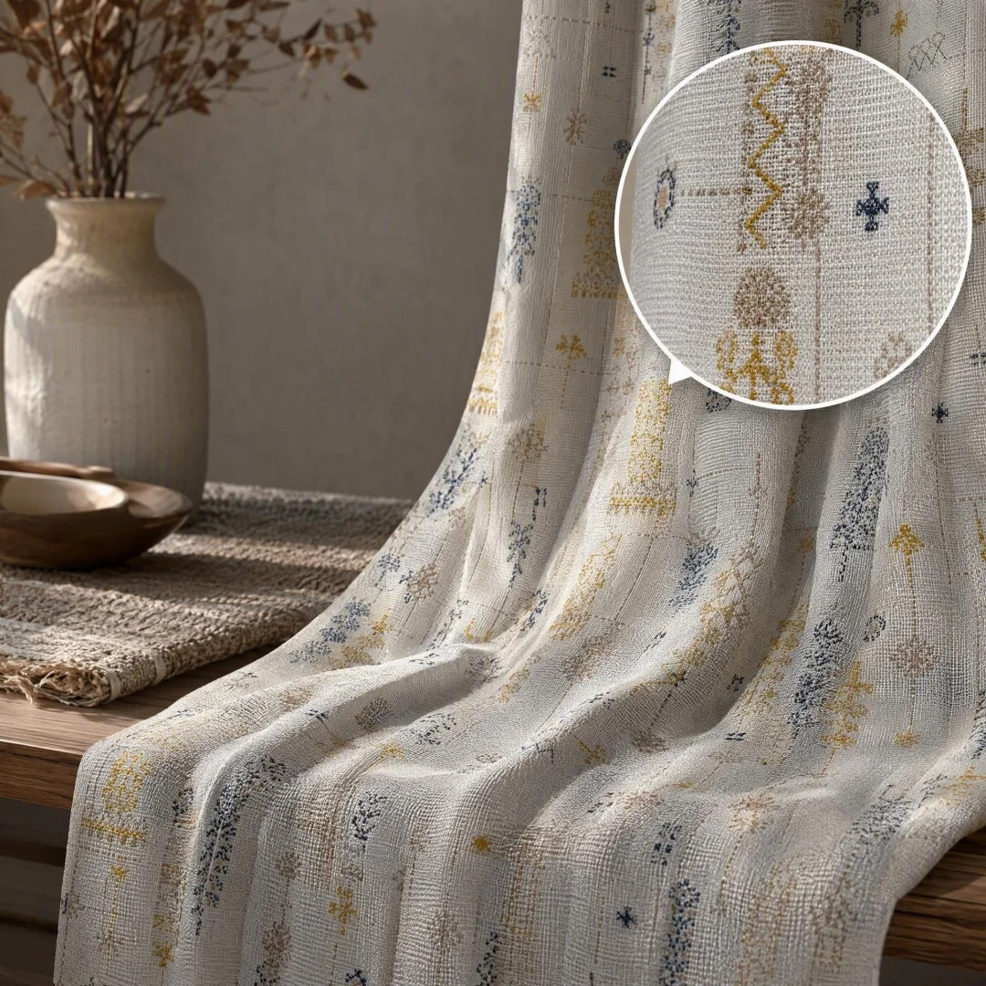 Bohemian Embroidery Linen Curtains,Retro Country Style,Light Filtering Drapes,Nature Pattern for Living Room,Bedroom