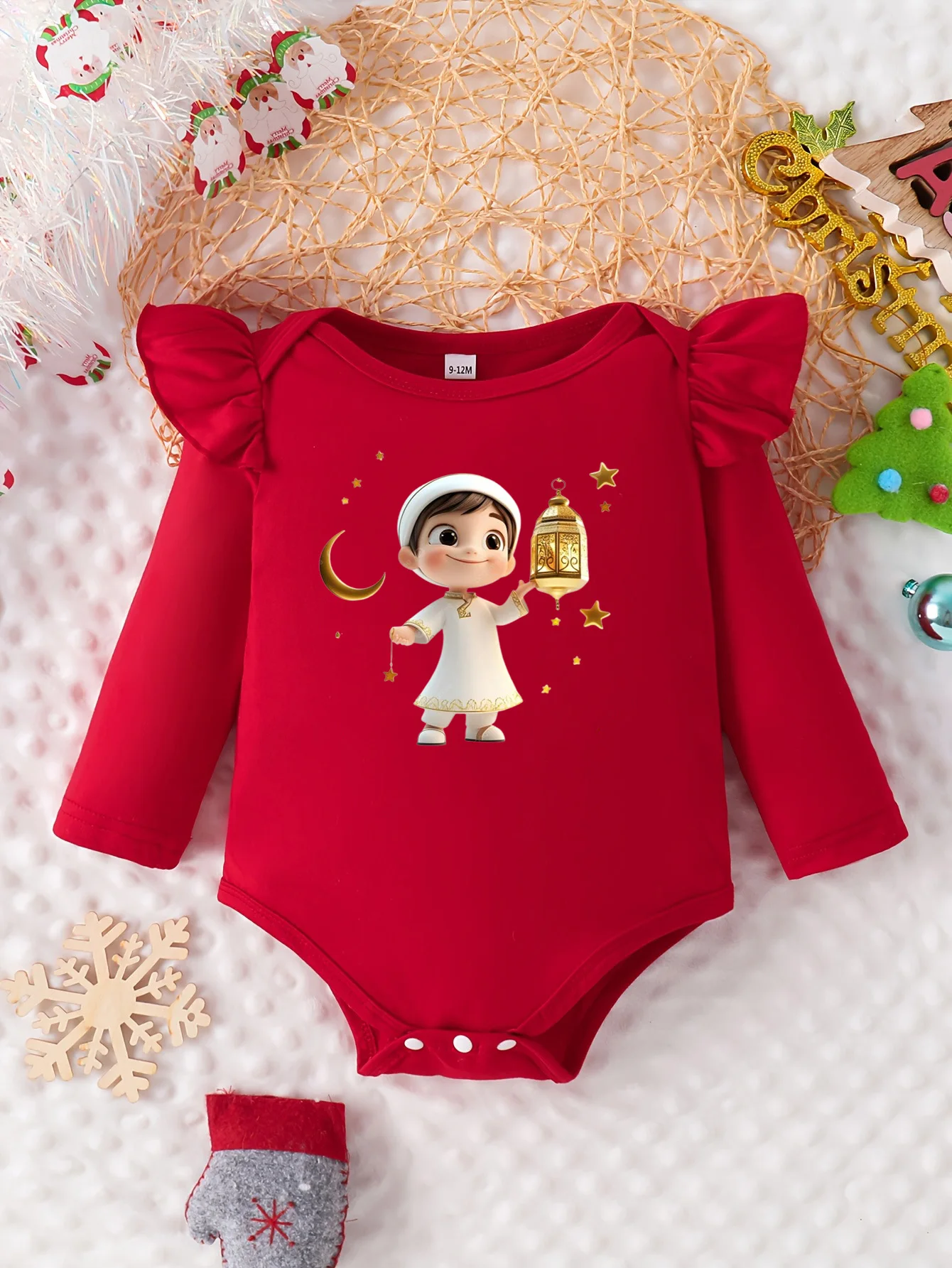 Red Bodysuit + Ramadan Baby Print: Sweet Ruffled Sleeves—Ramadan’s Festive Little Blessing