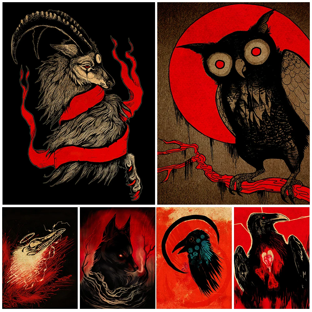 Pets Of Witches And Demons Vintage Wall Art Canvas Painting Crows,Bats, Wolves,Vultures Wicca Art Poster And Prints Decoration